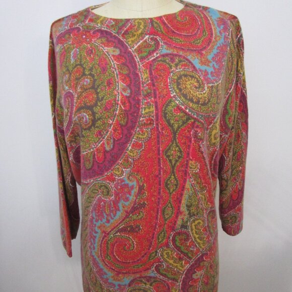 Paisley CASHMERE Pullover Knit Sweater Red Crew Cuddly - Picture 2 of 9